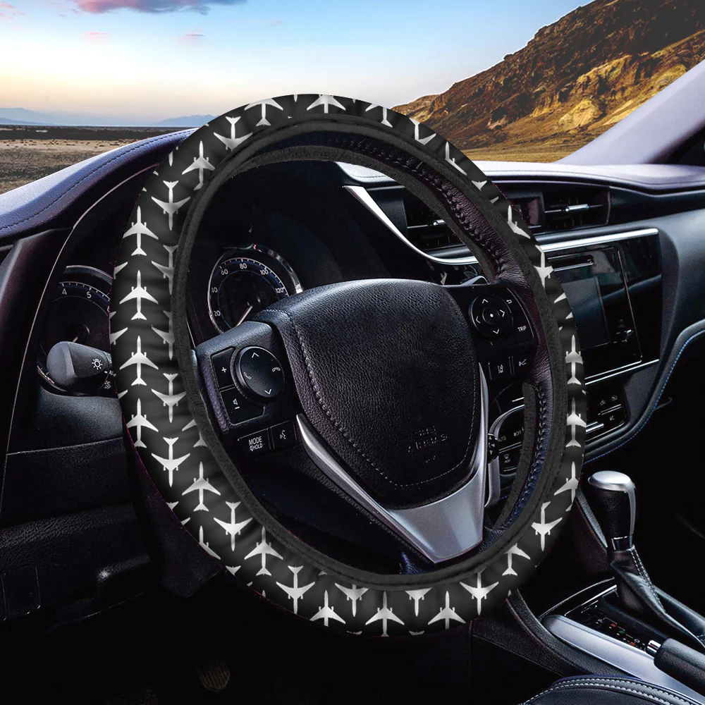 Perfectly Sized Seamless Airplanes Black Designed Car Steering Wheel Cover - Image 2