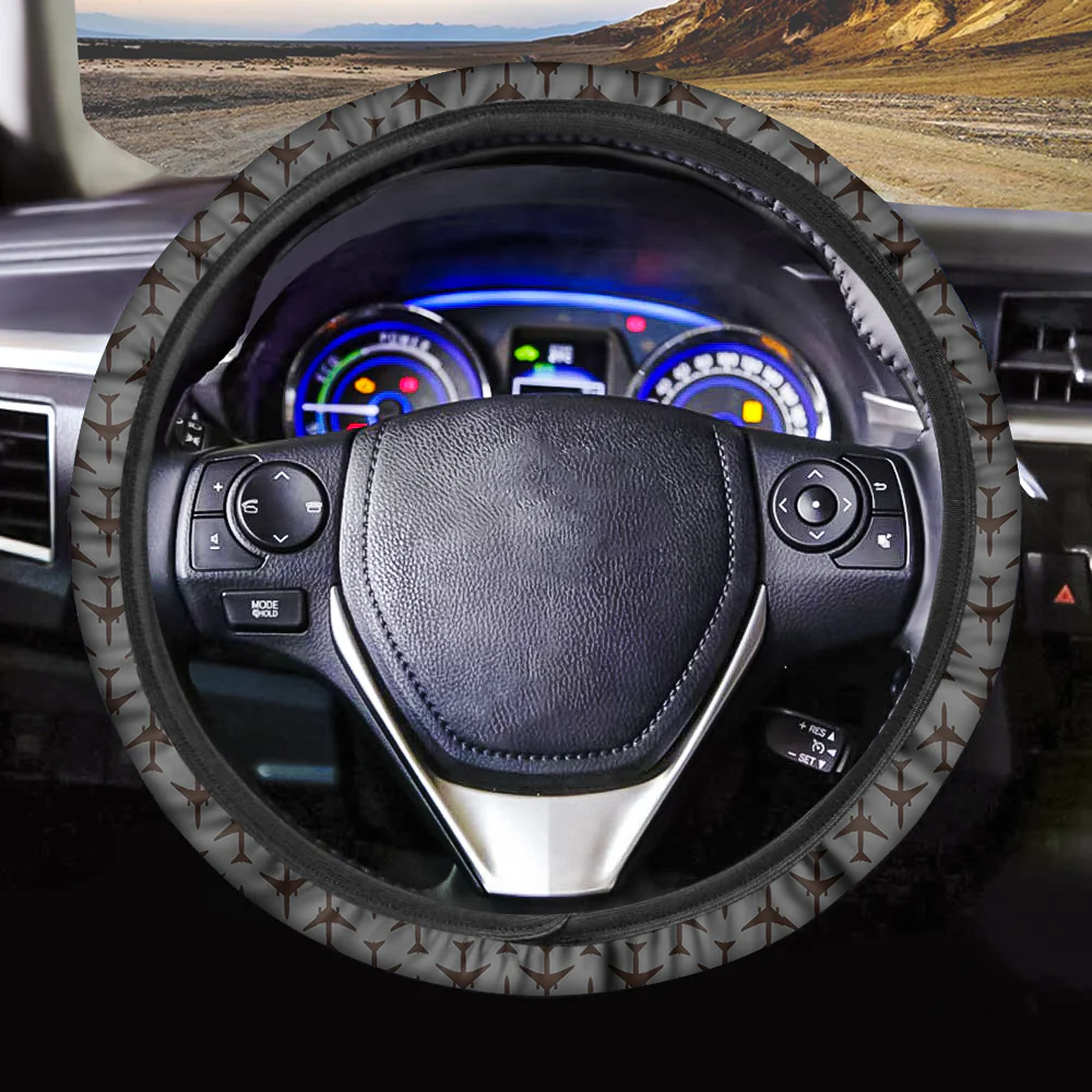 Perfectly Sized Seamless Airplanes Gray Designed Car Steering Wheel Cover