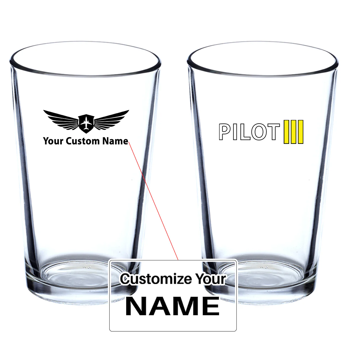 Pilot & Stripes (3 Lines) Designed Beer & Water Glasses