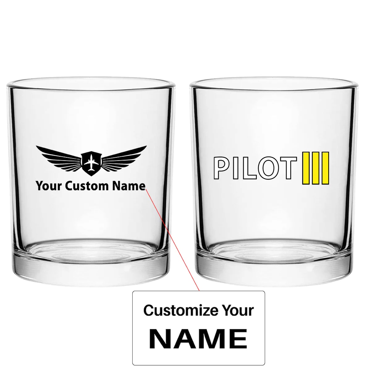 Pilot & Stripes (3 Lines) Designed Special Whiskey Glasses
