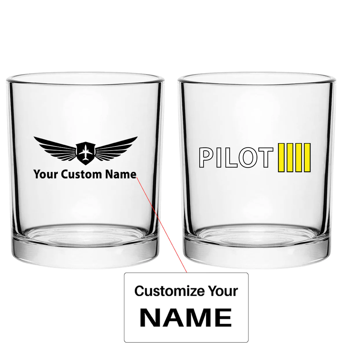 Pilot & Stripes (4 Lines) Designed Special Whiskey Glasses