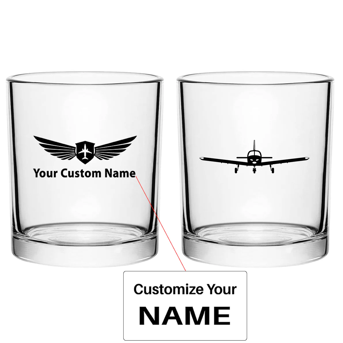 Piper PA28 Silhouette Plane Designed Special Whiskey Glasses