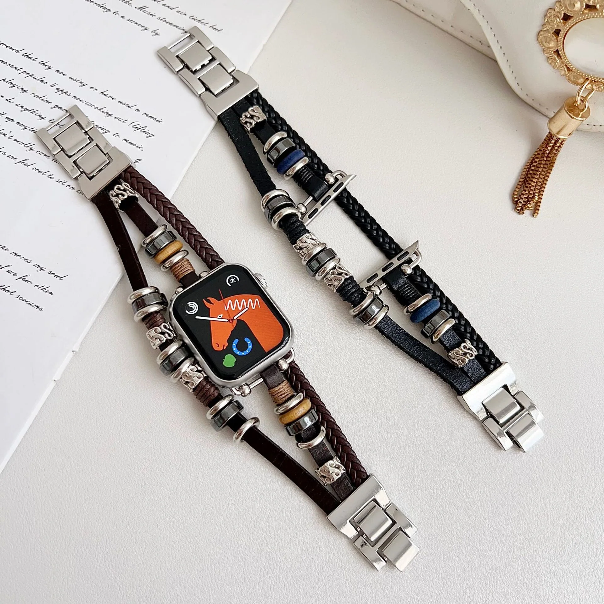 Retro Beaded National Style Apple Watch Band Genuine Leather