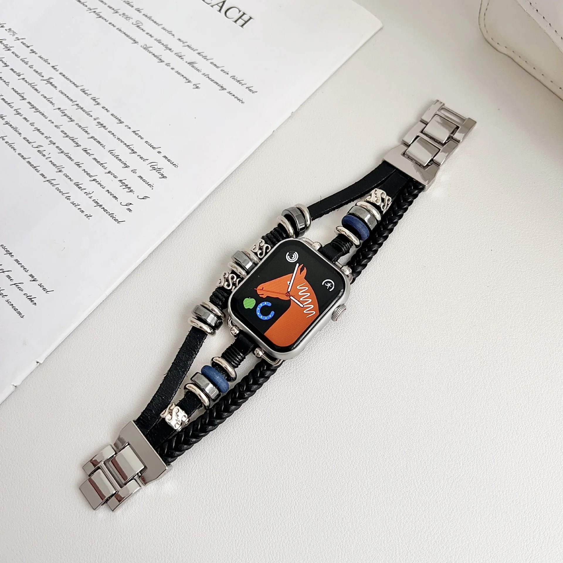 Retro Beaded National Style Apple Watch Band Genuine Leather - Image 2