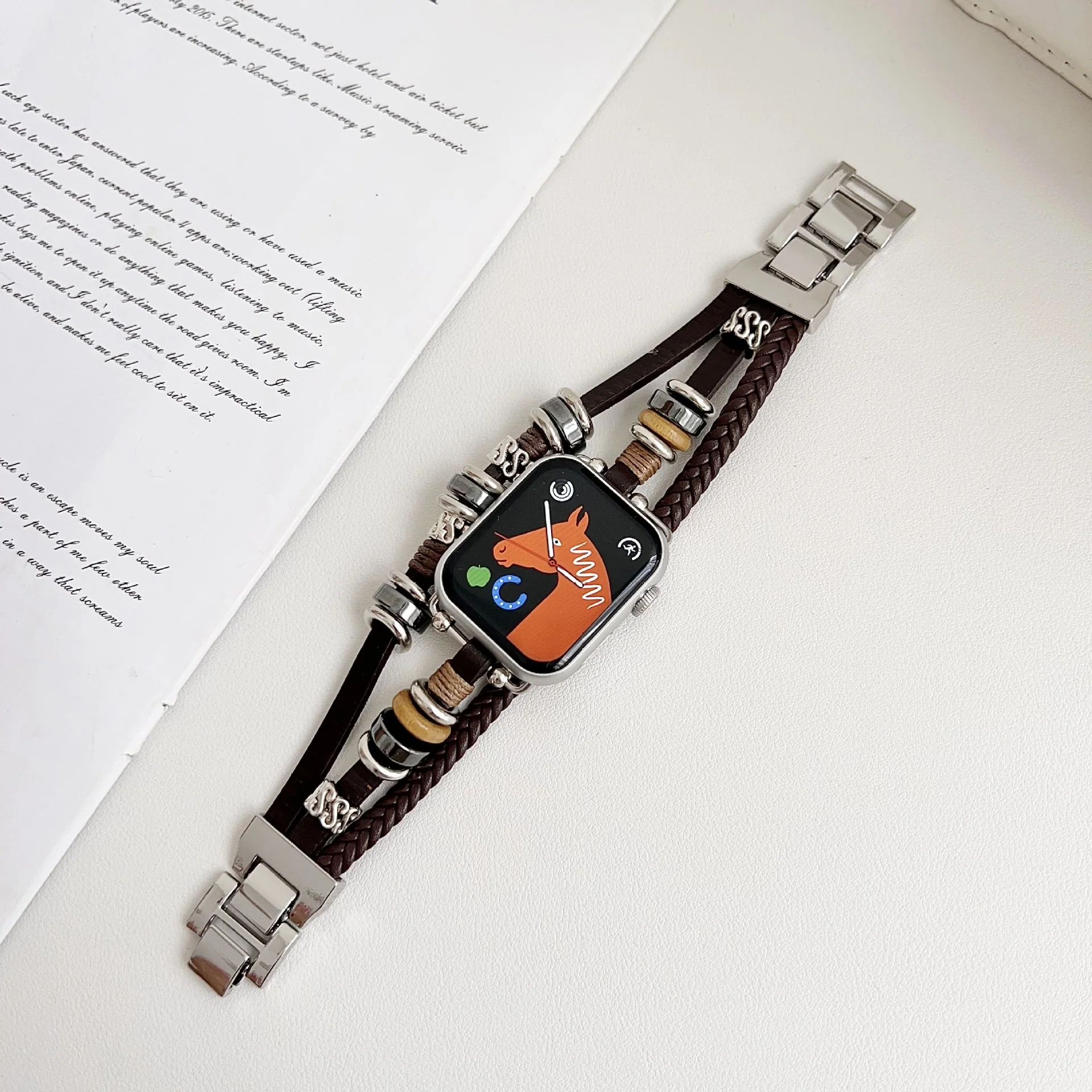 Retro Beaded National Style Apple Watch Band Genuine Leather - Image 3