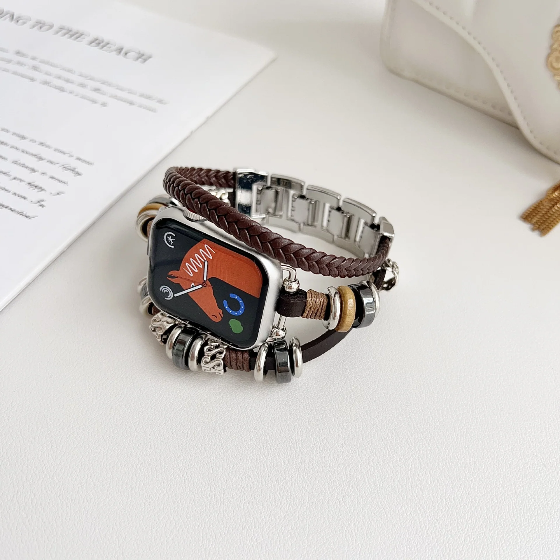 Retro Beaded National Style Apple Watch Band Genuine Leather - Image 4