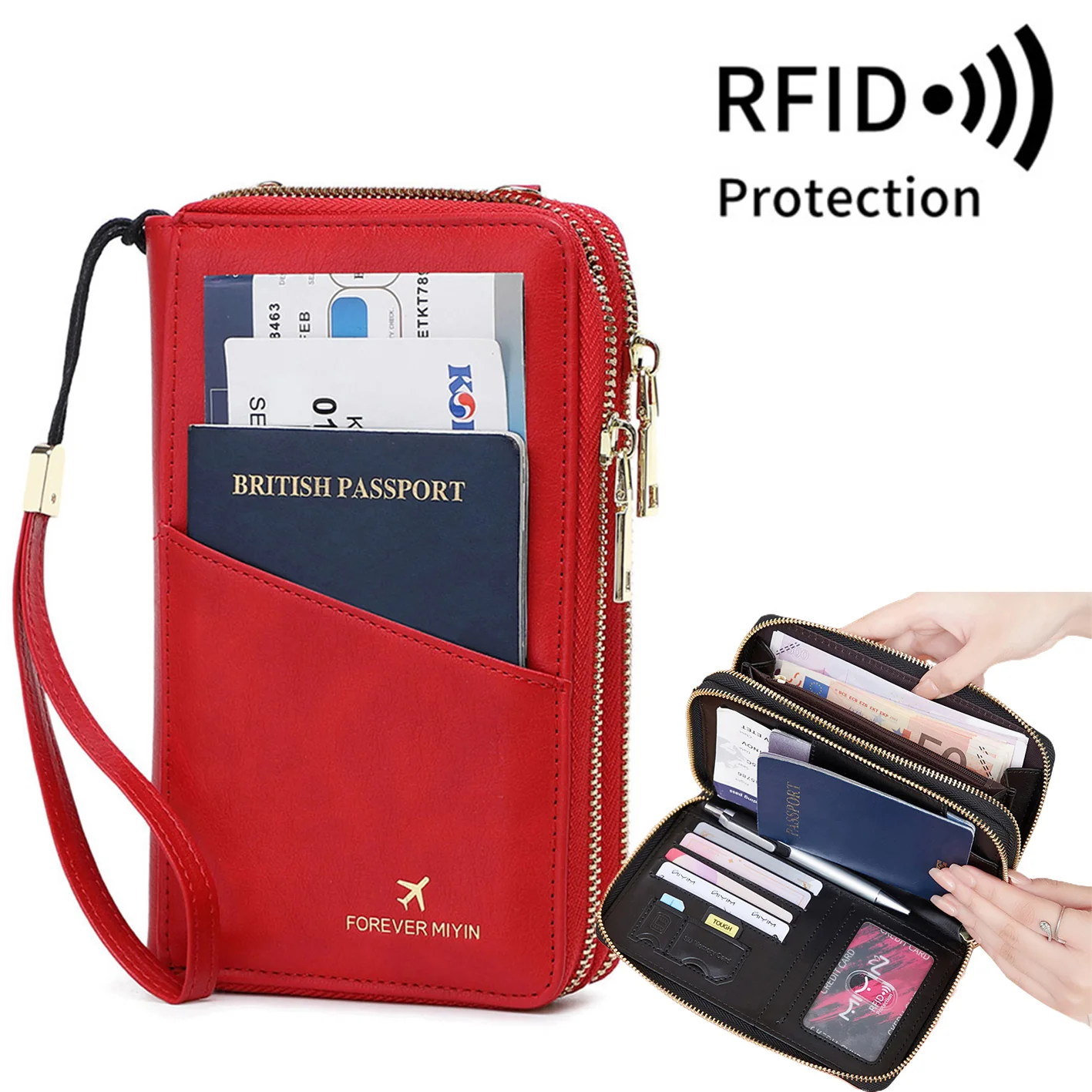 RFID Multi-Function Travel Zipper Passport Bag Long Passport Clip - Image 3