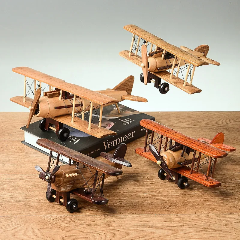 Solid Wood Retro Handmade Desktop Airplane Model Decoration
