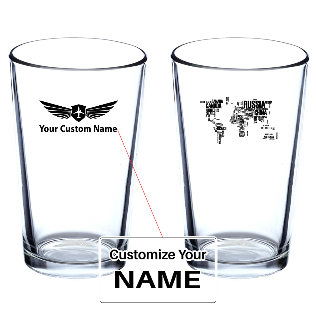 World Map (Text) Designed Beer & Water Glasses