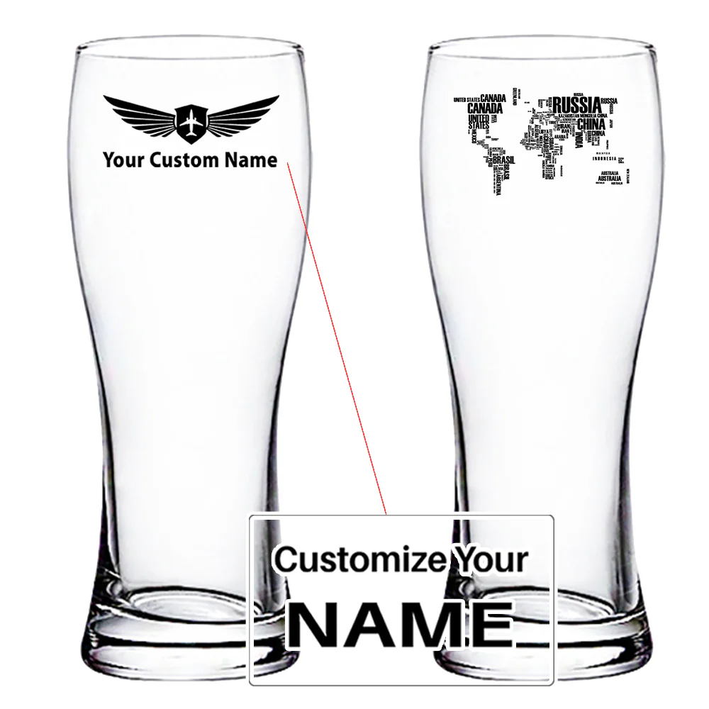 World Map (Text) Designed Pilsner Beer Glasses