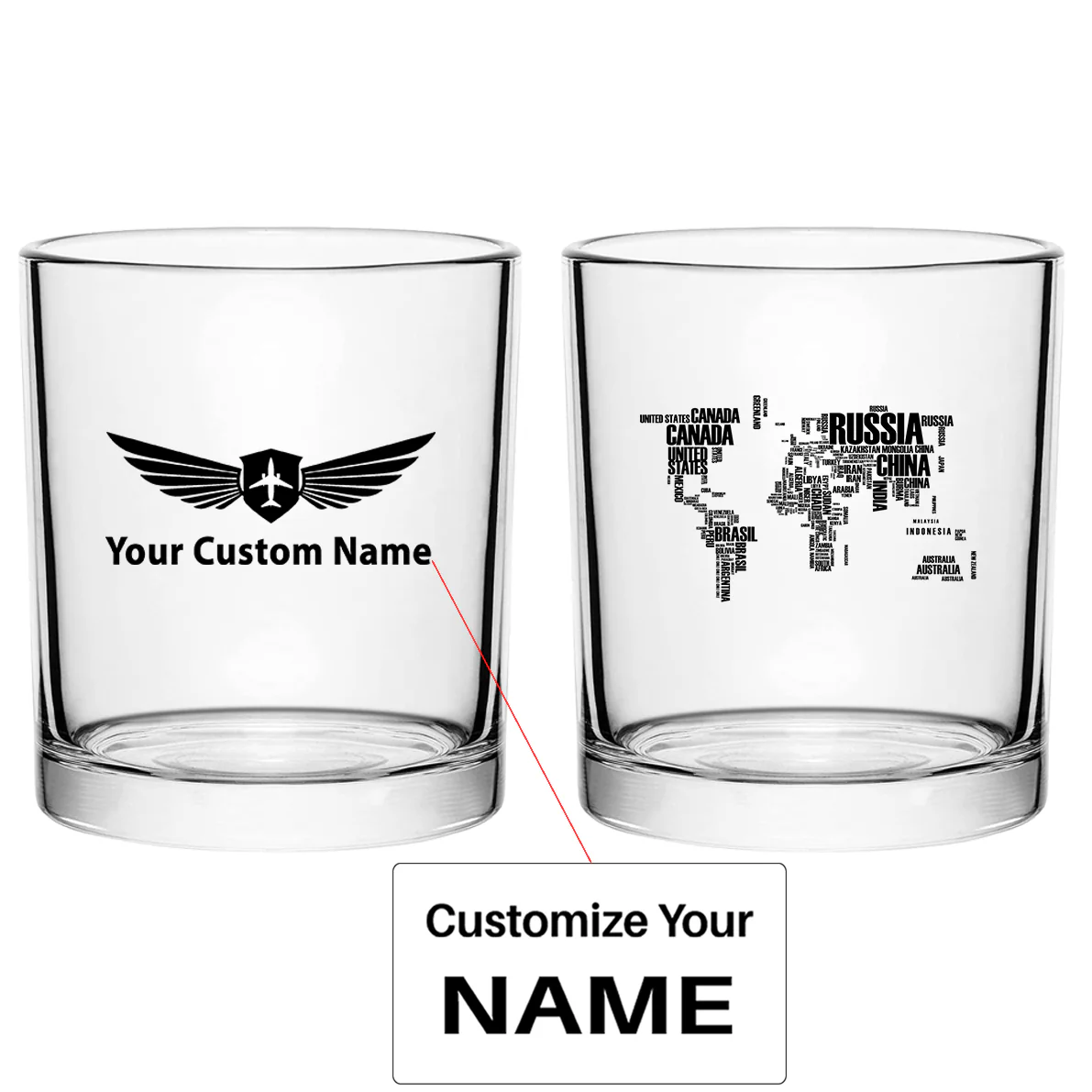 World Map (Text) Designed Special Whiskey Glasses