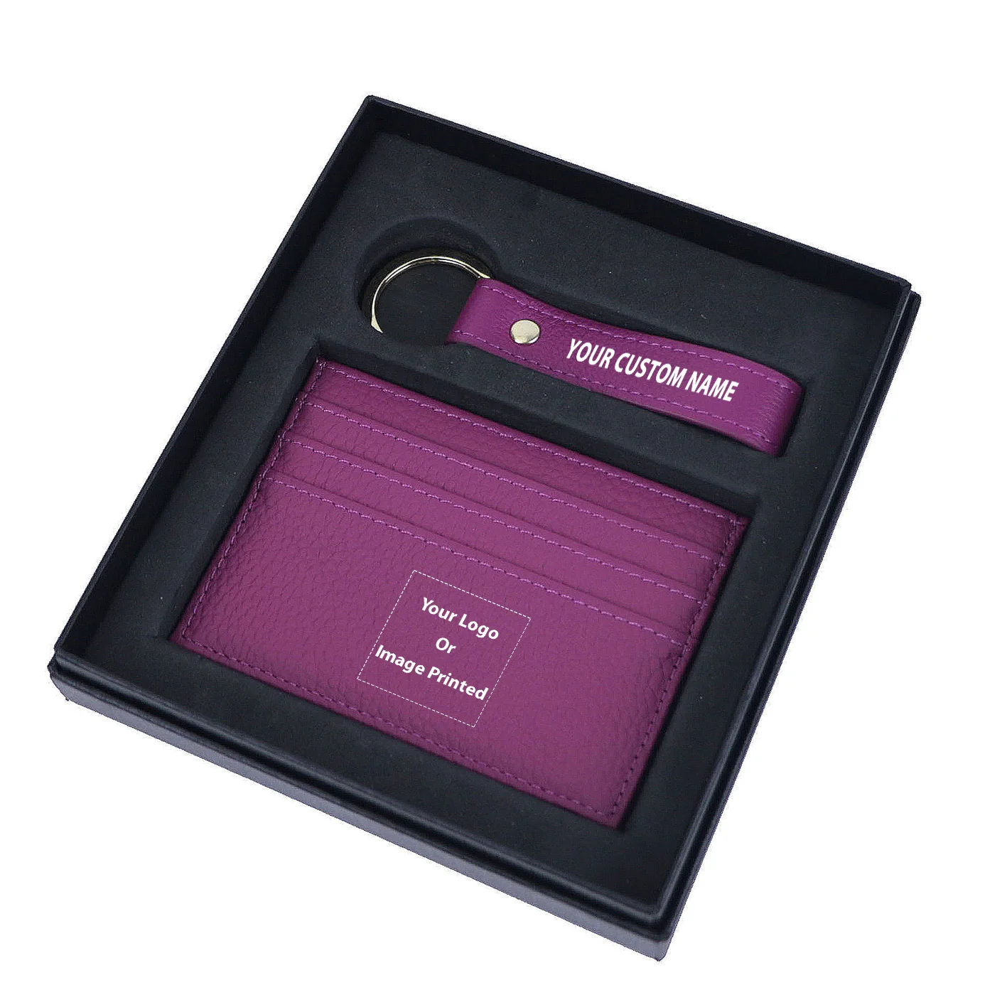 Your Custom Design & Image & Logo & Text Design Genuine Leather Cardholder Key Ring Gift Box Set - Image 4