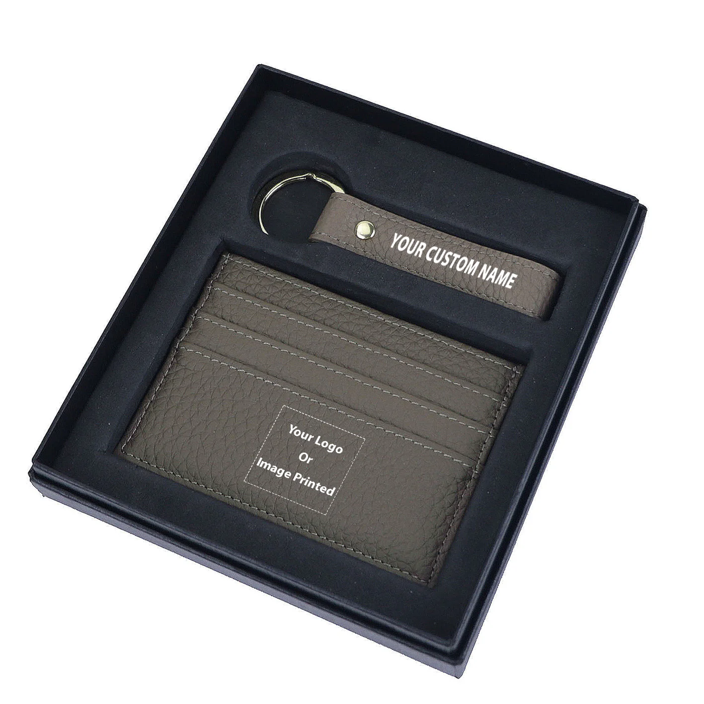 Your Custom Design & Image & Logo & Text Design Genuine Leather Cardholder Key Ring Gift Box Set - Image 5