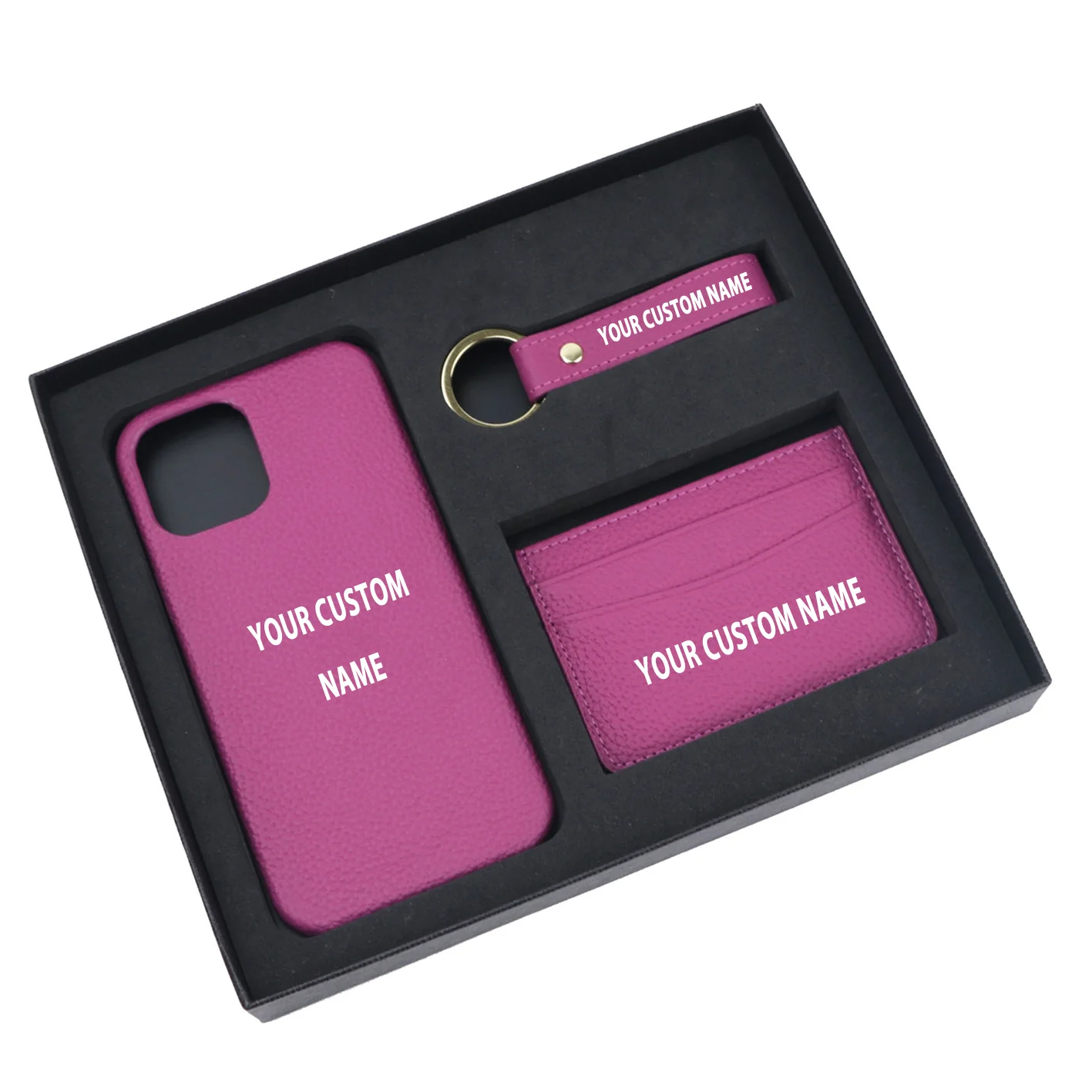 Your Custom Name Design Pebble Leather Phone Case For iPhone Keychain Card Holder Business Gift Set - Image 3