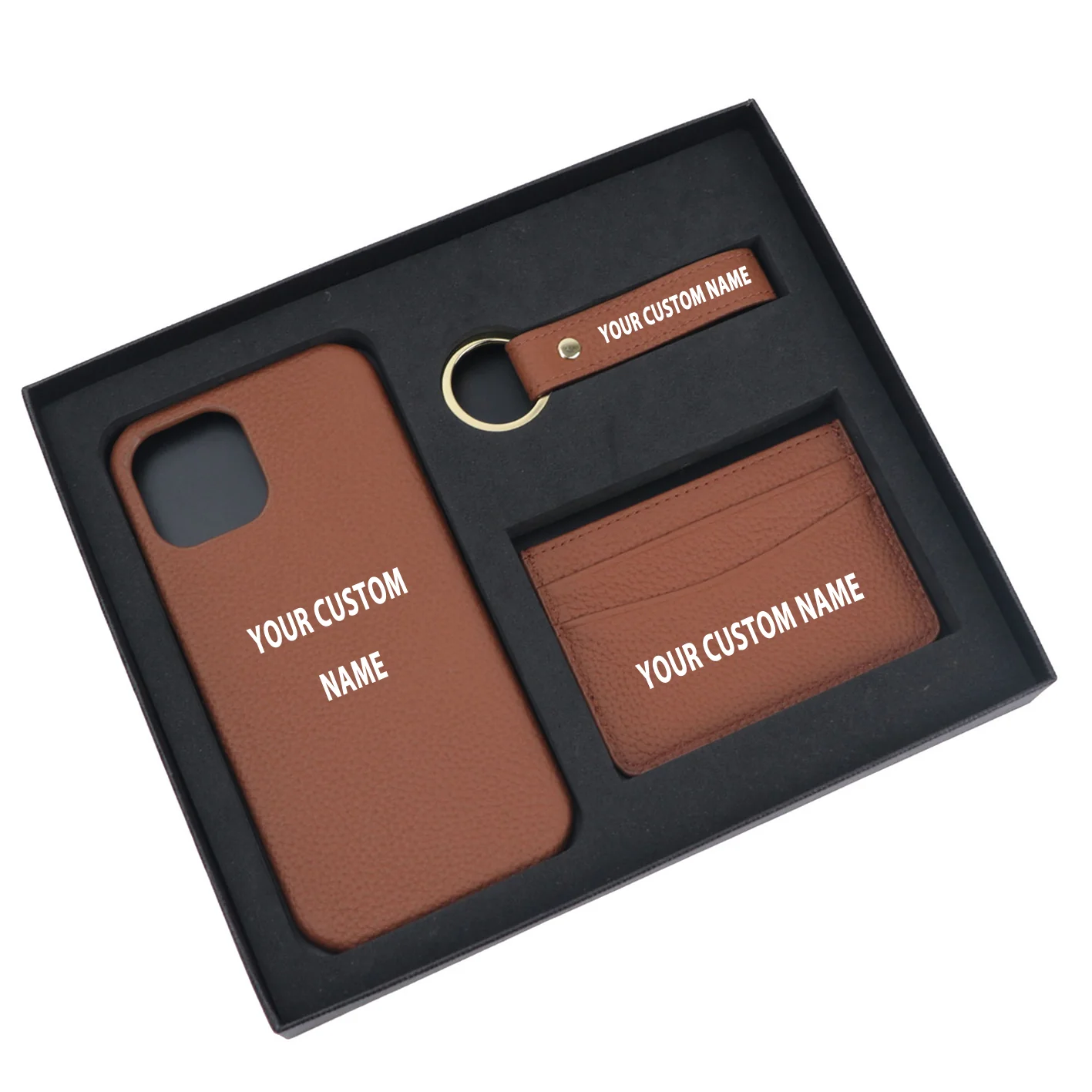 Your Custom Name Design Pebble Leather Phone Case For iPhone Keychain Card Holder Business Gift Set - Image 4