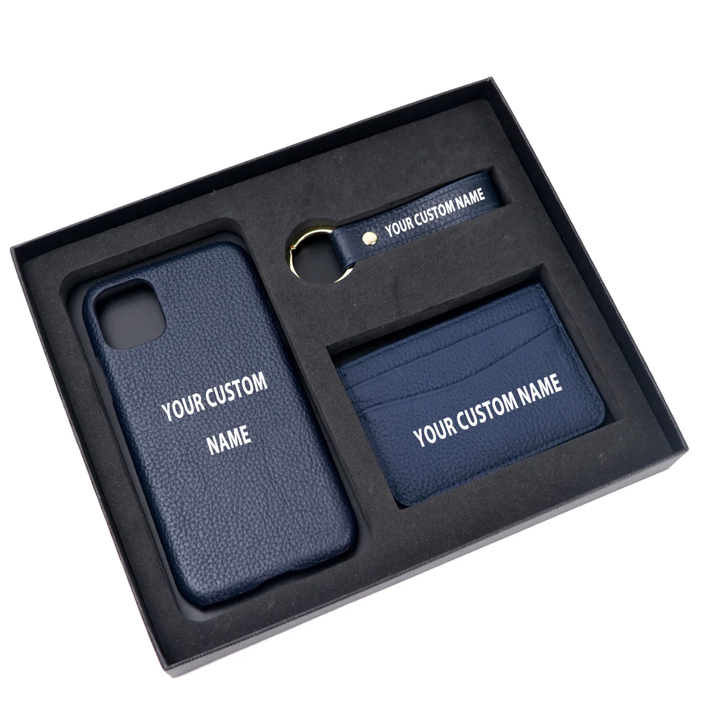Your Custom Name Design Pebble Leather Phone Case For iPhone Keychain Card Holder Business Gift Set - Image 6