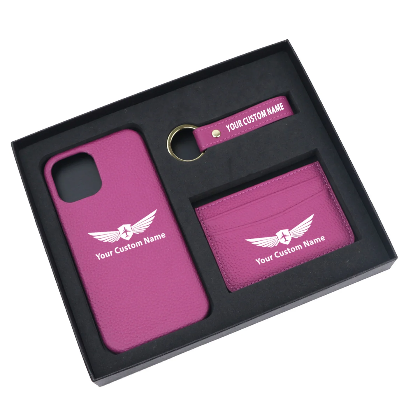Your Custom Name/Text Design Pebble Leather Phone Case For iPhone Keychain Card Holder Business Gift Set - Image 3