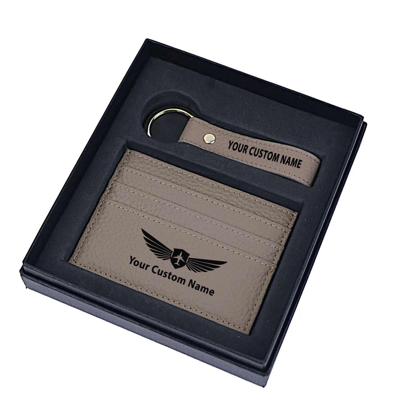 Your Custom Name/Text Genuine Leather Cardholder Key Ring Gift Box Set - Image 11