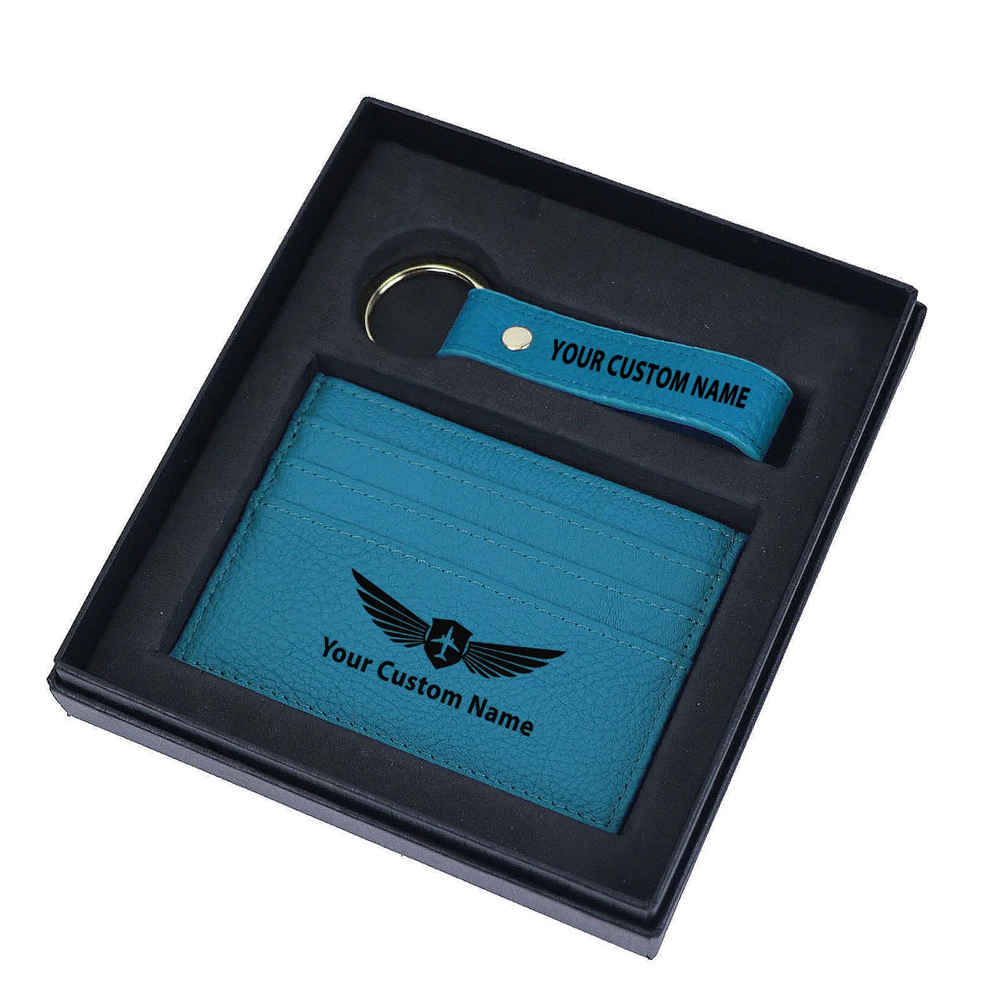 Your Custom Name/Text Genuine Leather Cardholder Key Ring Gift Box Set - Image 14