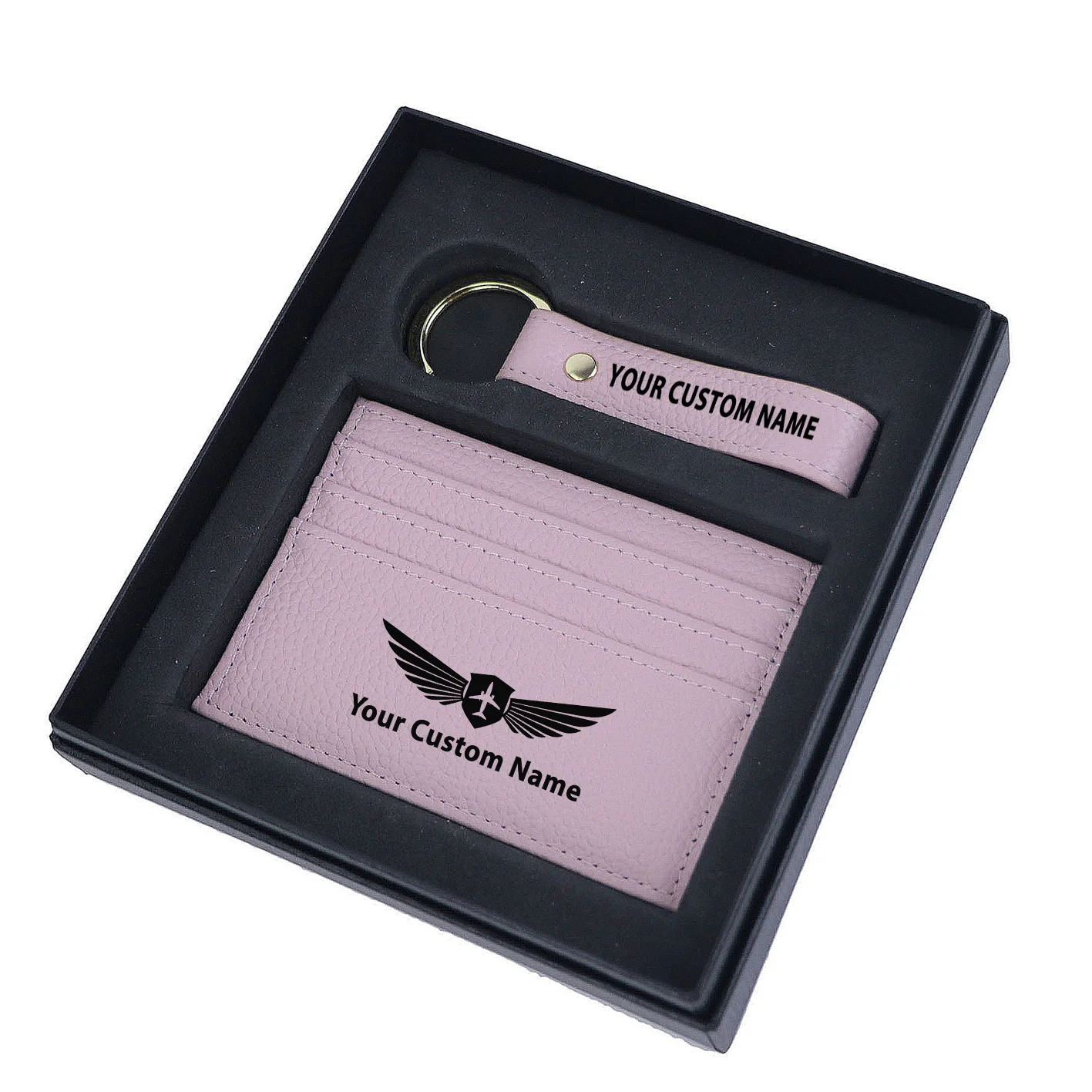 Your Custom Name/Text Genuine Leather Cardholder Key Ring Gift Box Set - Image 15