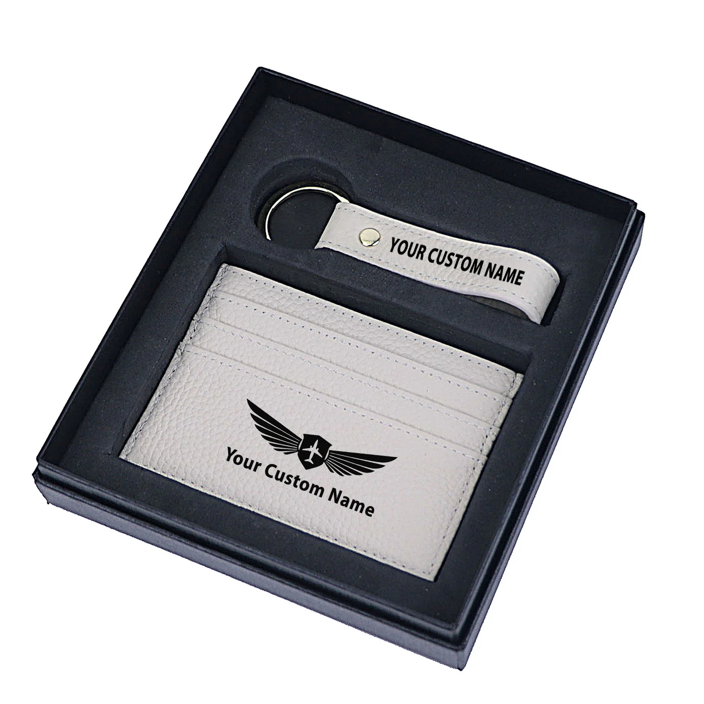 Your Custom Name/Text Genuine Leather Cardholder Key Ring Gift Box Set - Image 16