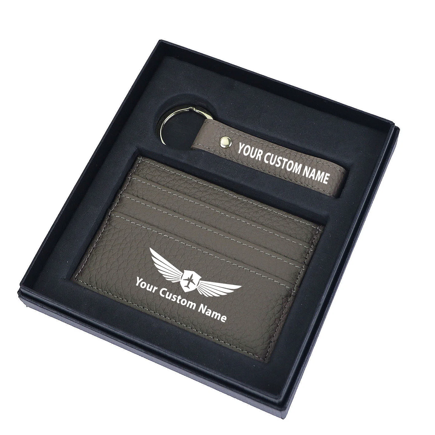 Your Custom Name/Text Genuine Leather Cardholder Key Ring Gift Box Set - Image 4