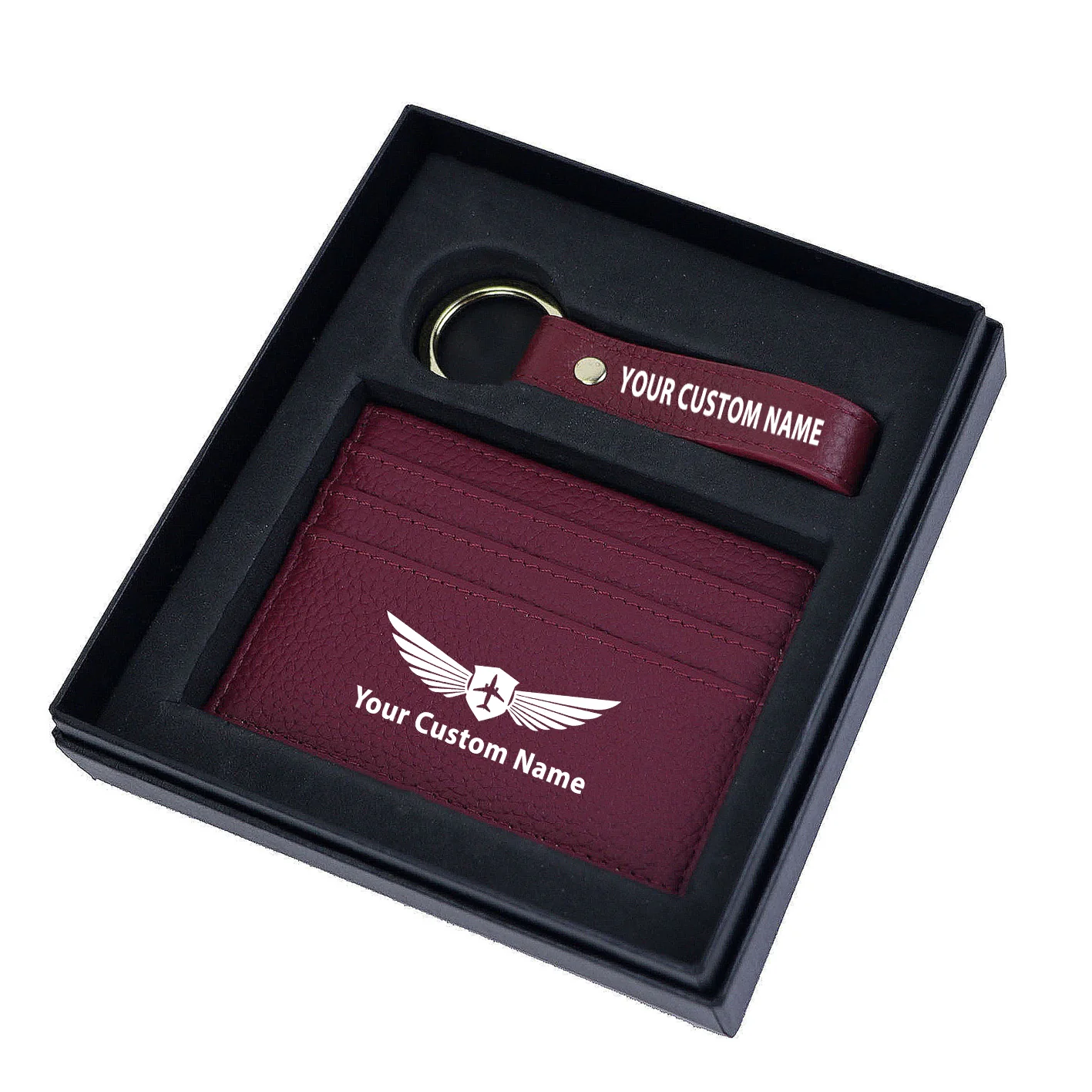 Your Custom Name/Text Genuine Leather Cardholder Key Ring Gift Box Set - Image 5