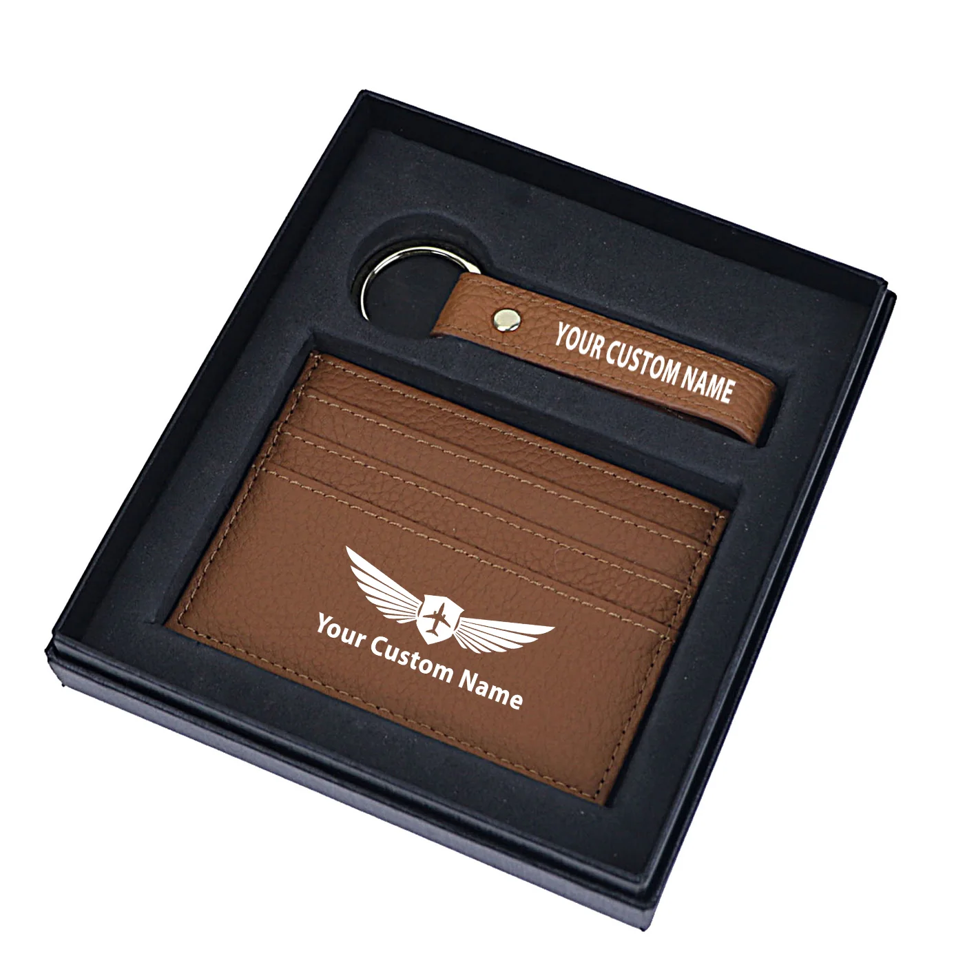 Your Custom Name/Text Genuine Leather Cardholder Key Ring Gift Box Set - Image 6