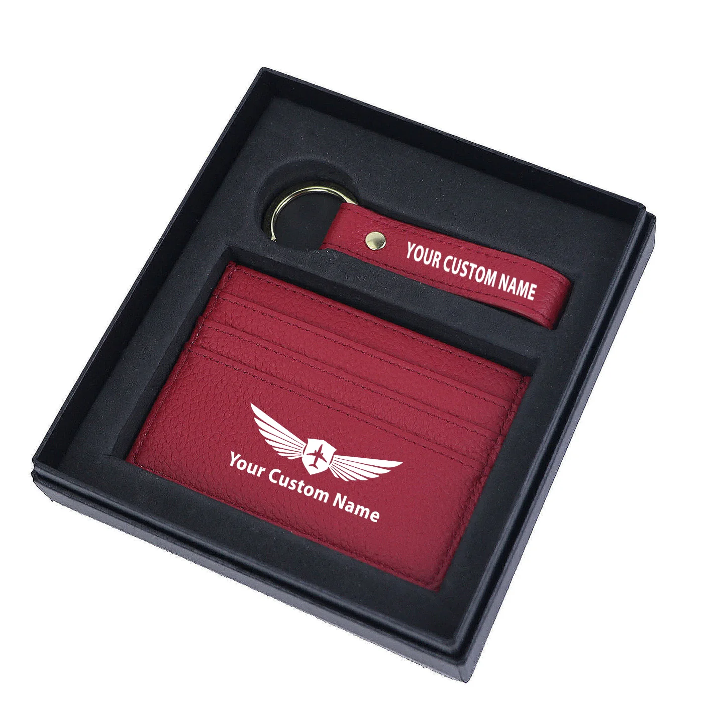 Your Custom Name/Text Genuine Leather Cardholder Key Ring Gift Box Set - Image 7
