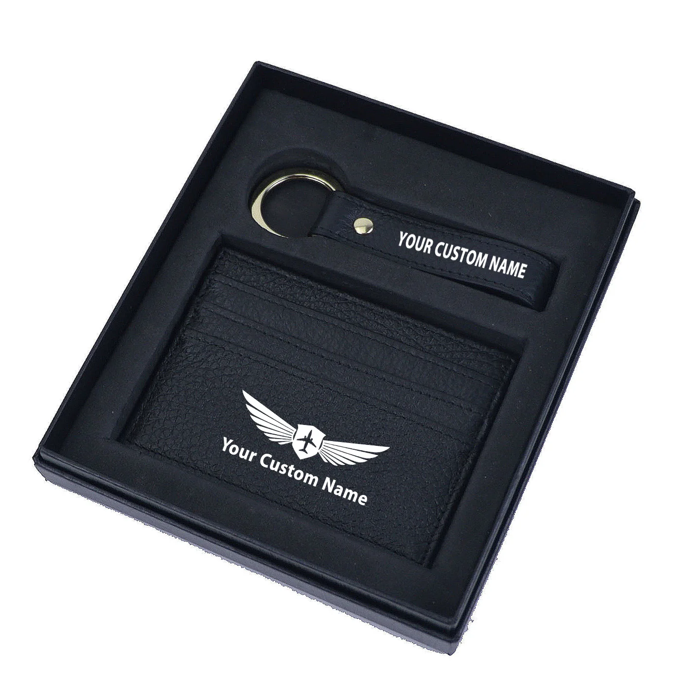 Your Custom Name/Text Genuine Leather Cardholder Key Ring Gift Box Set - Image 8